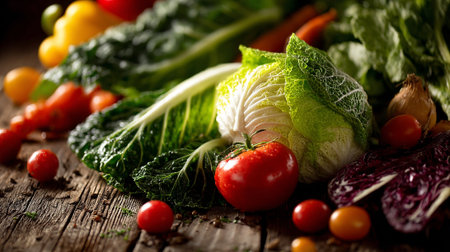 Freshly Picked Vegetables on Rustic Wooden Tabletop Displaying Vibrant Natural Colorsの素材