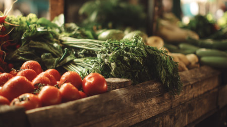 Fresh Harvest Display: Tomatoes, Dill, and Leafy Greens at Farmers Marketの素材