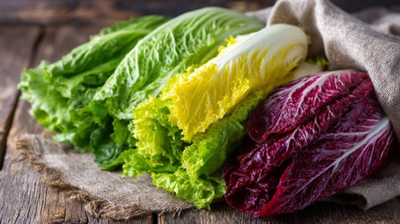 Assortment of fresh lettuce on wooden table creates beautiful natural vibrant tonesの素材