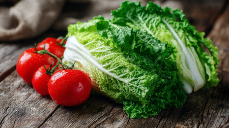 Fresh vegetables including red tomatoes and napa cabbage on a wooden table.の素材