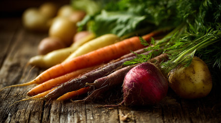 Freshly harvested root vegetables on rustic wood table showing carrots, potatoes, and beetの素材