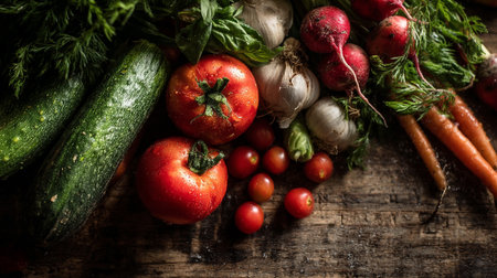 Fresh from the Garden: Organic Vegetables on a Rustic Wooden Tableの素材
