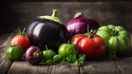 Farm Fresh Vegetables and Herbs Still Life on Rustic Wooden Surfaceの素材