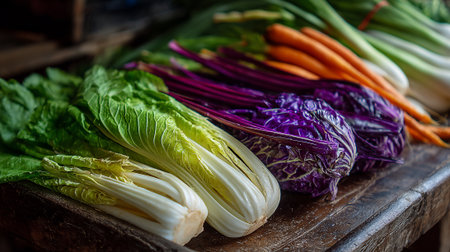 Fresh harvest: vibrant array of produce on rustic wooden table.の素材