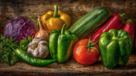 Freshly Harvested Vegetables Still Life in Rustic Setting with Rich Colorsの素材