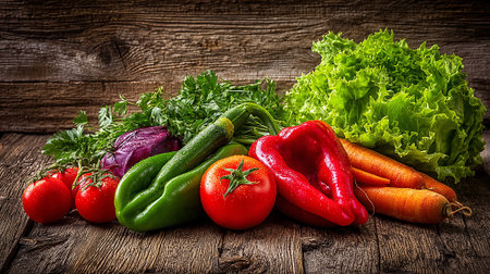 Freshly Picked Colorful Vegetables Displayed on Rustic Wooden Surfaceの素材