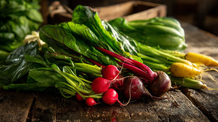 Freshly Harvested Vegetables with Roots and Greens on Rustic Wood Surfaceの素材