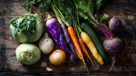 Freshly Harvested Colorful Root Vegetables and Greens on a Dark Wooden Tableの素材