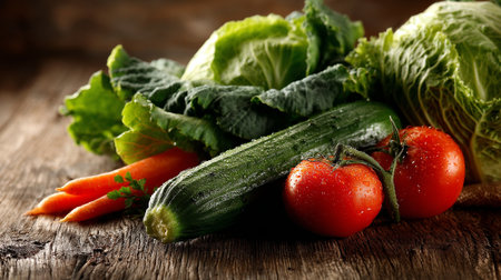 Fresh Organic Garden Vegetables Still Life on Rustic Wooden Surfaceの素材