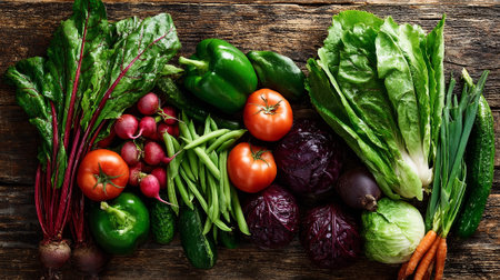 Freshly Picked Garden Bounty: A Vibrant Assortment of Vegetables on Woodの素材
