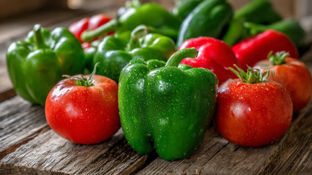 Fresh Peppers and Tomatoes, A Colorful Harvest on Wooden Surfaceの素材