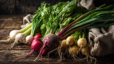 Freshly Harvested Root Vegetables with Greens on Rustic Wooden Tableの素材