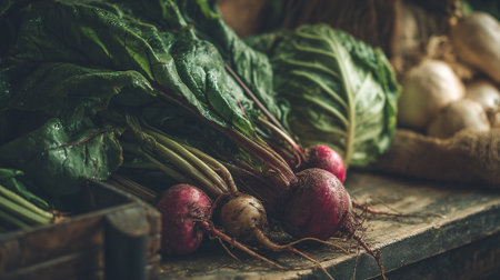 Freshly harvested root vegetables and leafy greens on a rustic wooden surfaceの素材