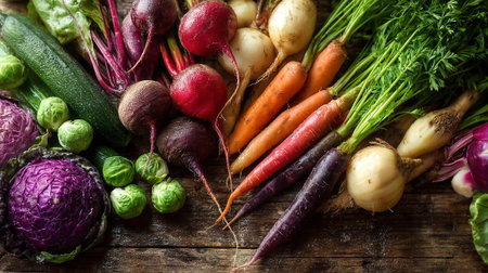 Colorful and fresh farm to table vegetables on a rustic wood surfaceの素材
