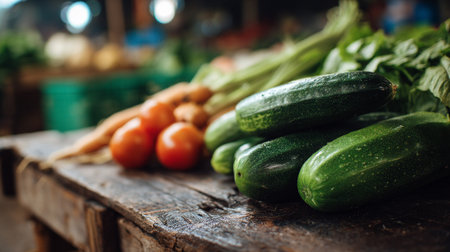 Freshly Harvested Vegetables Displayed on a Rustic Wooden Table at Marketの素材