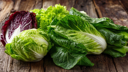 Fresh and Vibrant Variety of Lettuce Displayed on Rustic Wooden Surfaceの素材