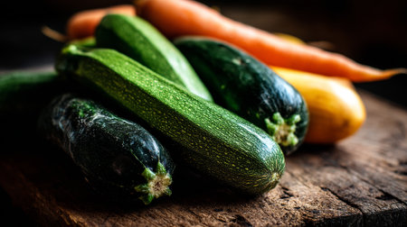 Freshly Harvested Zucchini and Carrots on Rustic Wooden Surfaceの素材