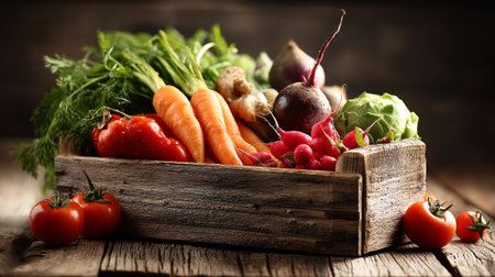 Fresh Harvest: A Wooden Box Overflowing with Colorful Vegetables and Herbsの素材