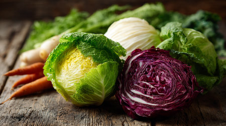 Assortment of fresh and vibrant cabbages with carrots and turnips display on woodの素材