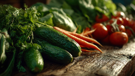 Freshly Harvested Vegetables: A Colorful Display of Nature's Bounty on Woodの素材