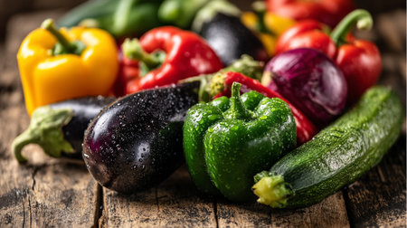 Freshly Washed Vegetables Gleaming on Rustic Wooden Table, Ready for Cookingの素材