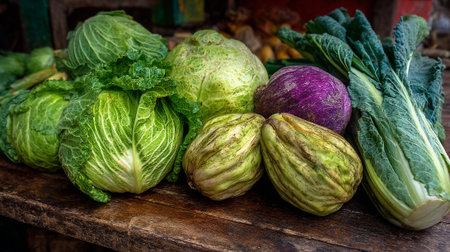 Vibrant Cabbage and Greens Still Life on Rustic Wood Tableの素材