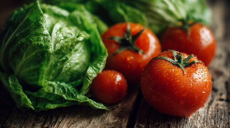 Freshly Picked Tomatoes and Lettuce on Rustic Wooden Surface for Cookingの素材