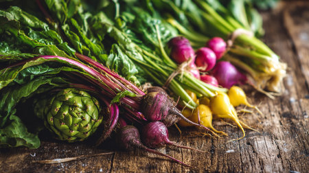 Fresh colorful vibrant produce including artichoke, beets, and radishes on woodの素材