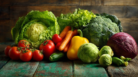 Fresh vegetables display vibrant colors on a rustic wood surface.の素材