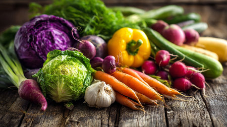 Freshly Harvested Vegetables Displayed on Weathered Wood for Rustic Charmの素材