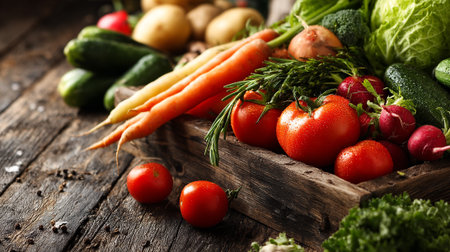 Fresh organic vegetables still life arrangement on rustic wooden surfaceの素材