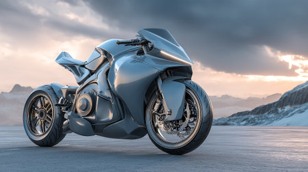 Futuristic motorcycle with advanced design stands boldly against a majestic mountain backdrop.の素材