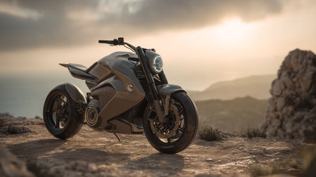 Futuristic Motorcycle on Mountain Peak at Sunset Ready for Adventureの素材