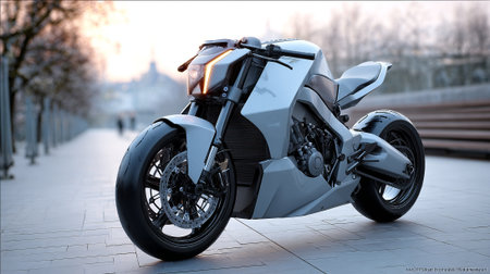 Sleek White Motorbike on Urban Road at Sunset: Modern Tranation Designの素材