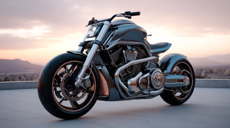 Sleek Chrome Motorcycle on Rooftop Terrace with Sunset Cityscape Backdropの素材