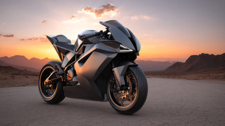 Modern  Motorcycle Parked on Desert Road at Sunset with Mountain Backdropの素材