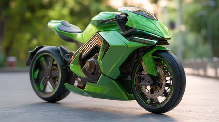 Sleek Green s Motorcycle Resting on Pavement with a Blurred Background Sceneの素材