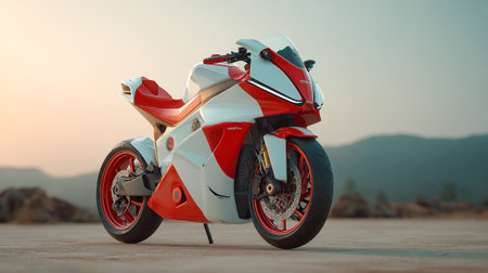 Futuristic Red and White Motorcycle Concept on Concrete With Mountain Backdropの素材