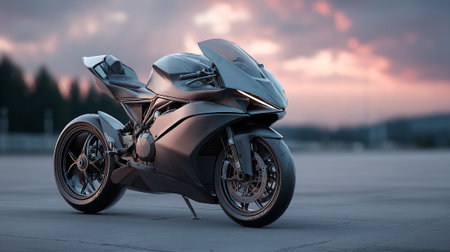 Sleek and Modern Carbon Fiber Motorcycle Against a Sunset Sky Landscapeの素材