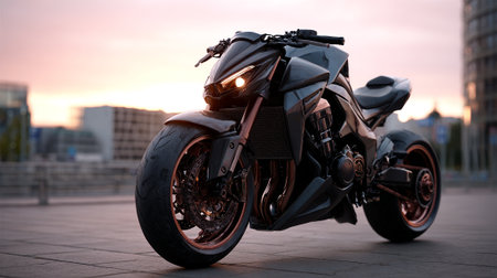 Sleek modern motorcycle with custom bronze details parked in urban environment at duskの素材