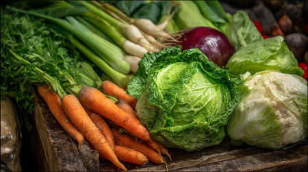 Vibrant and Freshly Harvested Vegetables Displayed on Rustic Wooden Surfaceの素材