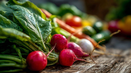 Freshly Harvested Garden Bounty Displayed on Weathered Wood Surface, Close-up Shotの素材