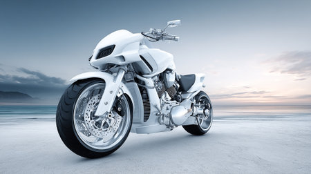 Futuristic White Motorcycle on Beach with Stunning Sky and Ocean Viewの素材