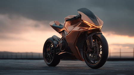 Futuristic Motorcycle at Dusk: A Copper Colored Dream of Speed and Innovationの素材