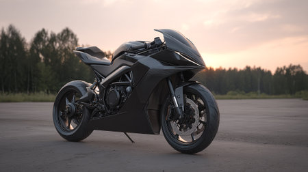 Sleek, Black Motorcycle Stands Elegantly Against a Sunset Landscape Background Outdoorsの素材