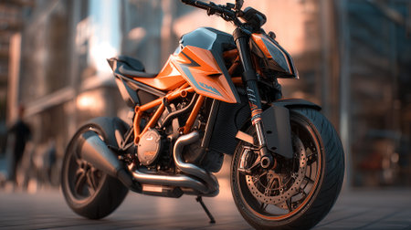 Powerful Orange and Black Motorcycle Parked in an Urban Environment for Tranationの素材