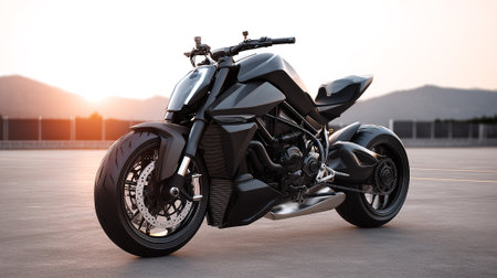 Sleek Black Motorcycle on a Rooftop at Sunset, Ready for Adventureの素材