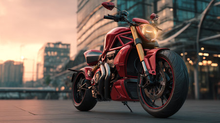 Stylish red motorcycle showcasing urban design and modern architecture at sunset.の素材