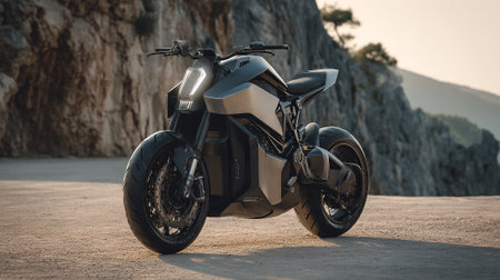 Futuristic Motorcycle Stands Ready on a Hillside Road with Mountain Viewの素材