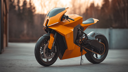 Striking Golden Motorcycle With Sharp Design Parked on Concrete Surface Outdoors.の素材